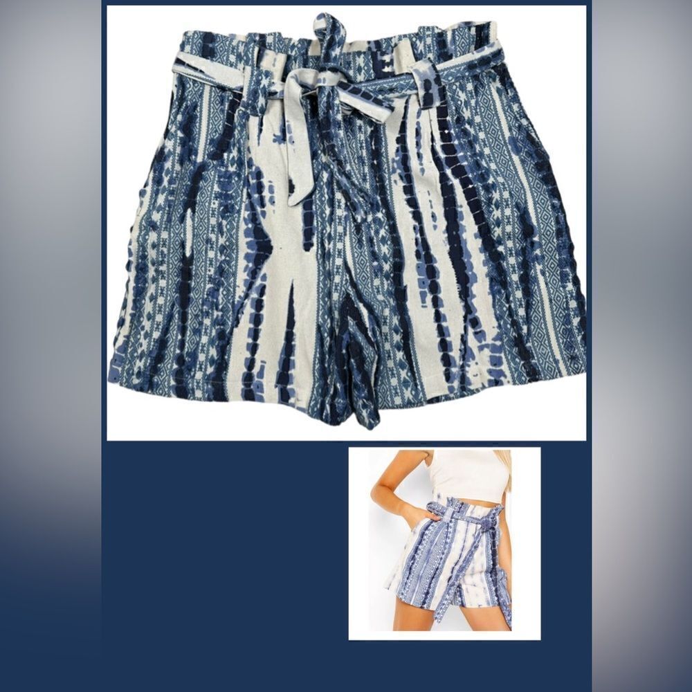 QED London High Waisted Navy Blue Embroidered Woven Shorts